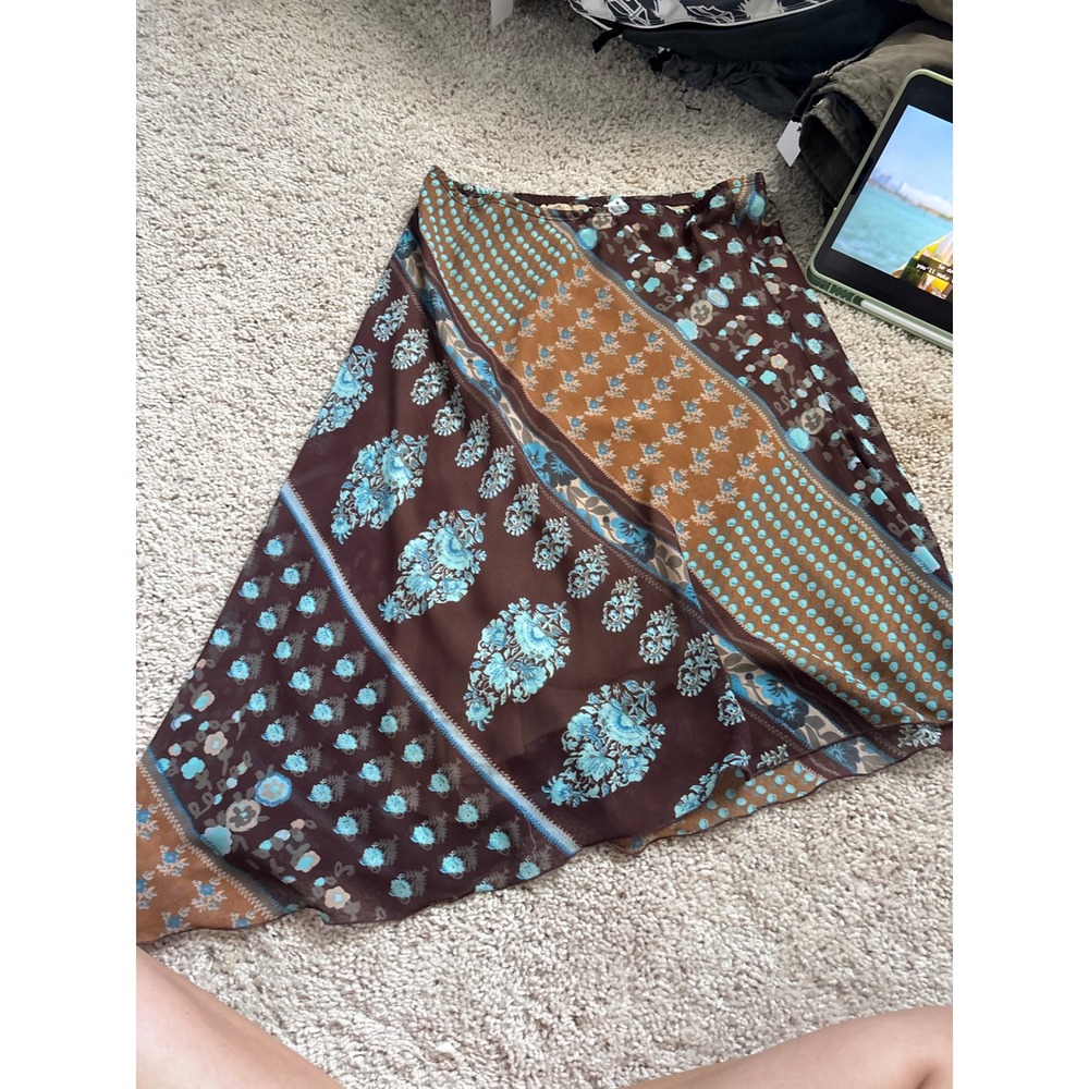 vintage Boho Floral Midi Skirt Patchwork Handkerchief Y2K Fairycore Teal Brown